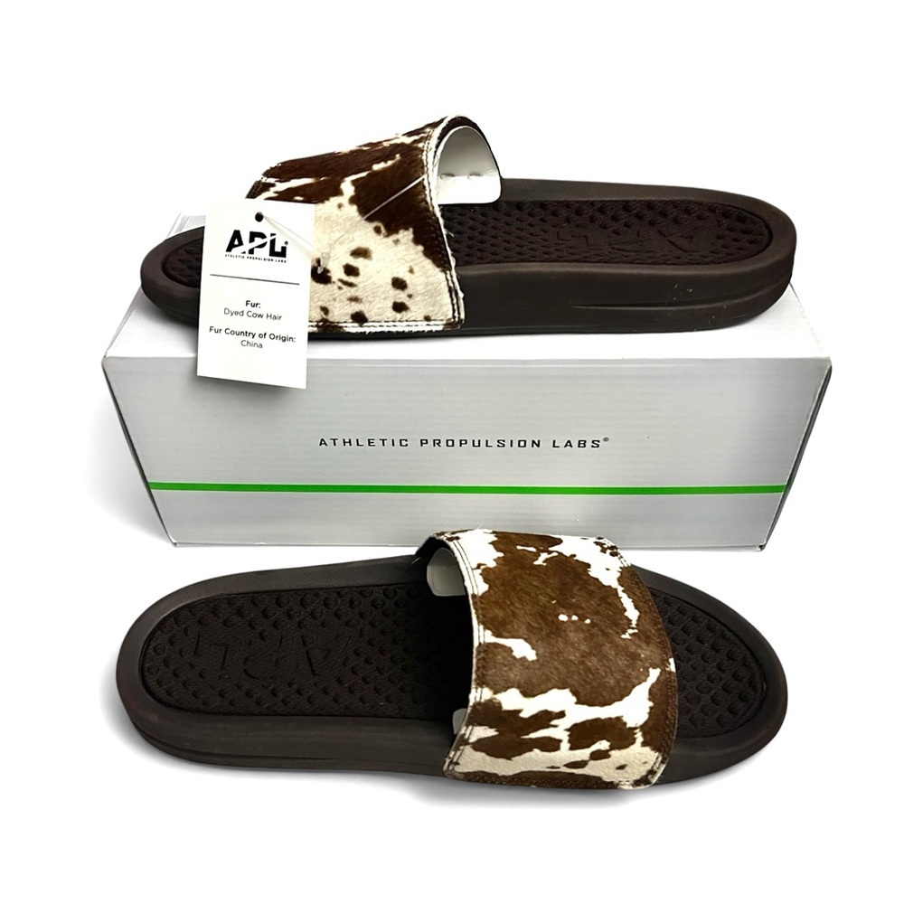 APL Women’s Iconic Chocolate Brown Cow Hair Slides 10 Athleisure Comfort Leather